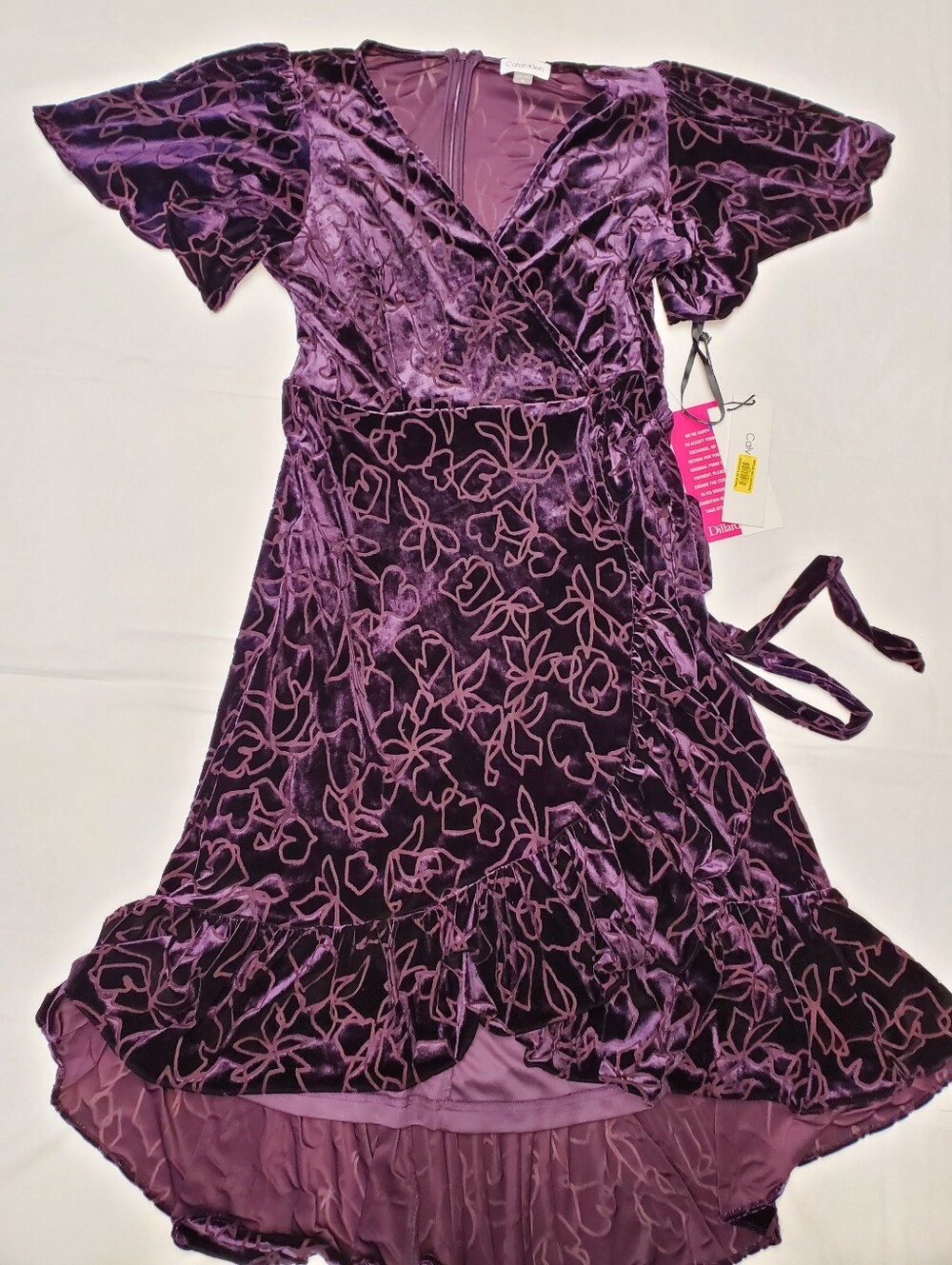 Calvin Klein NWT Sz 10 Purple Velvet Burnout Wrap Dress Hi-Low Ruffle Floral